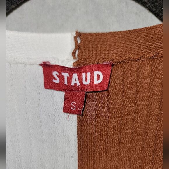 STAUD Colorblock Ribbed Contrast VNeck Sweater - White and Brown - Picture 3 of 10